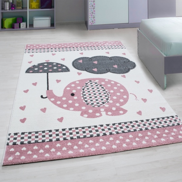 Kinderteppich Mdchen Spielteppich Elephant Design  Rosa Wei